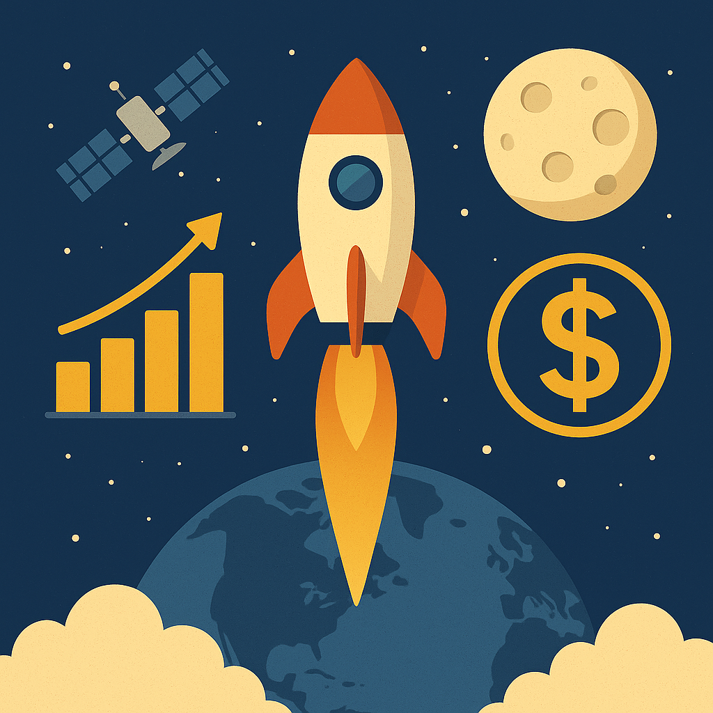 Illustration of a rocket launching into space above Earth with a dollar sign, satellite, moon, and upward-trending bar chart symbolizing investment growth in the space sector.