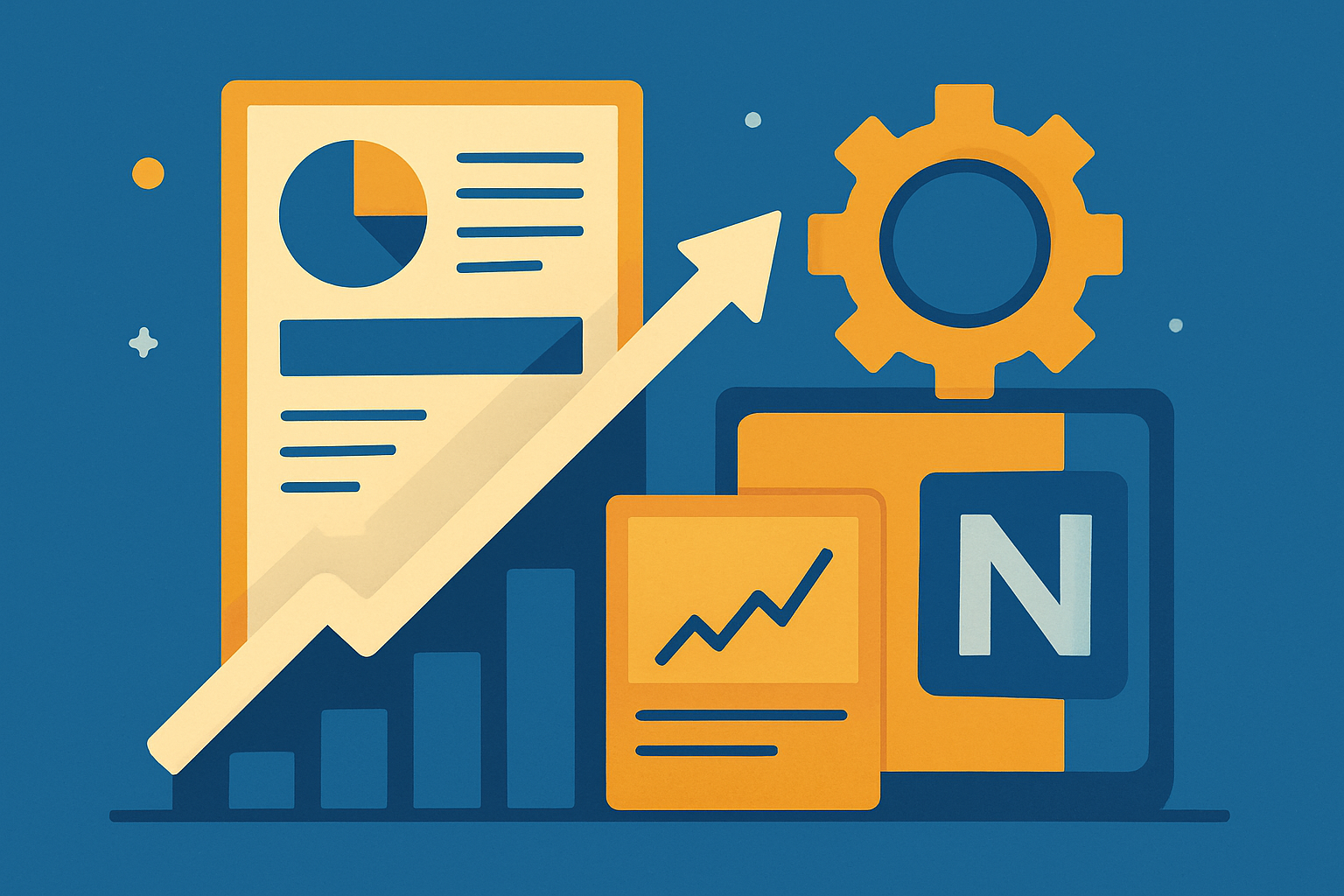 Illustration of upward-trending charts, gears, and digital data elements symbolizing innovation and growth in financial markets, set in blue and gold tones.