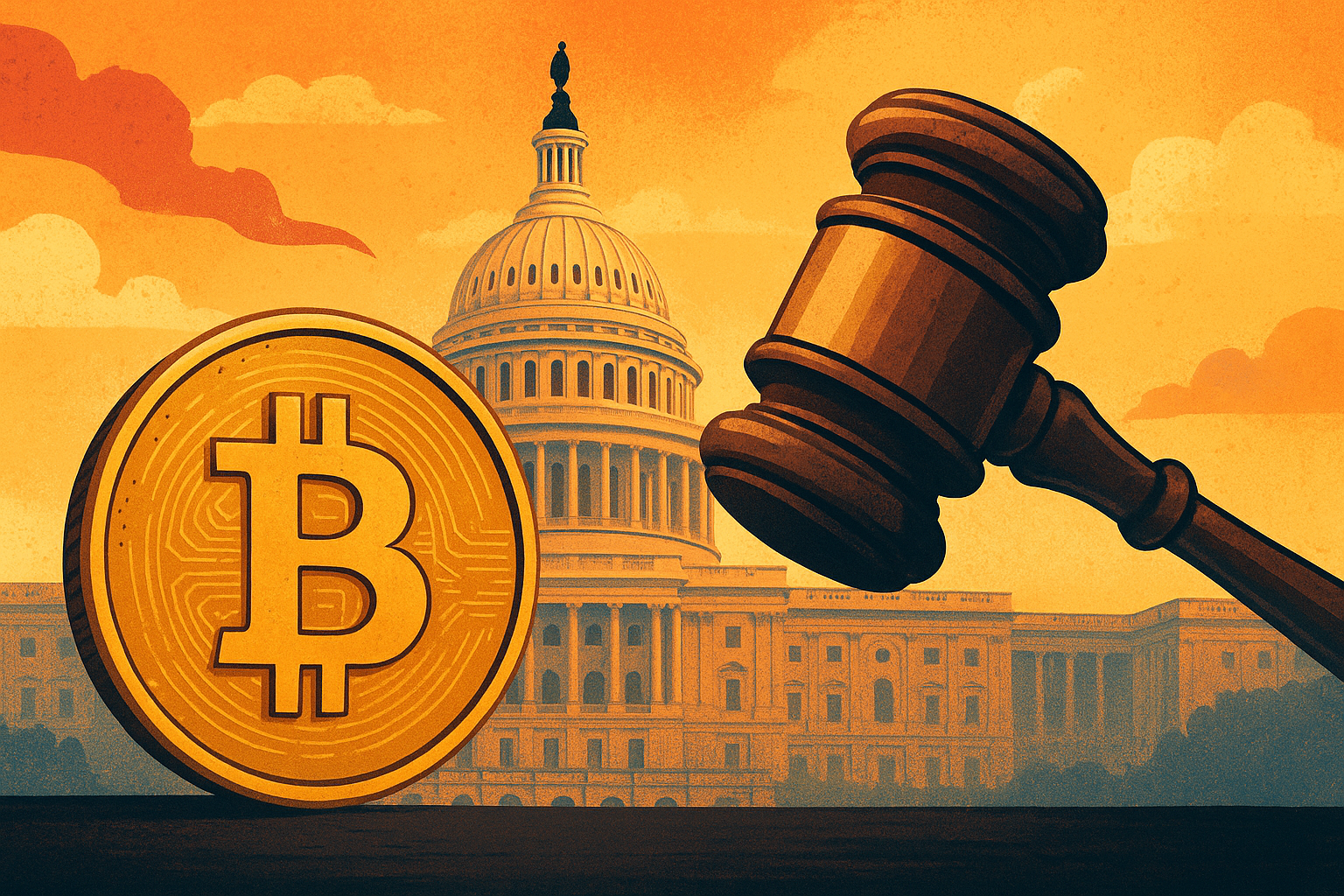 Illustration of a Bitcoin coin beside a judge’s gavel with the U.S. Capitol building in the background, symbolizing crypto regulation challenges in the United States.