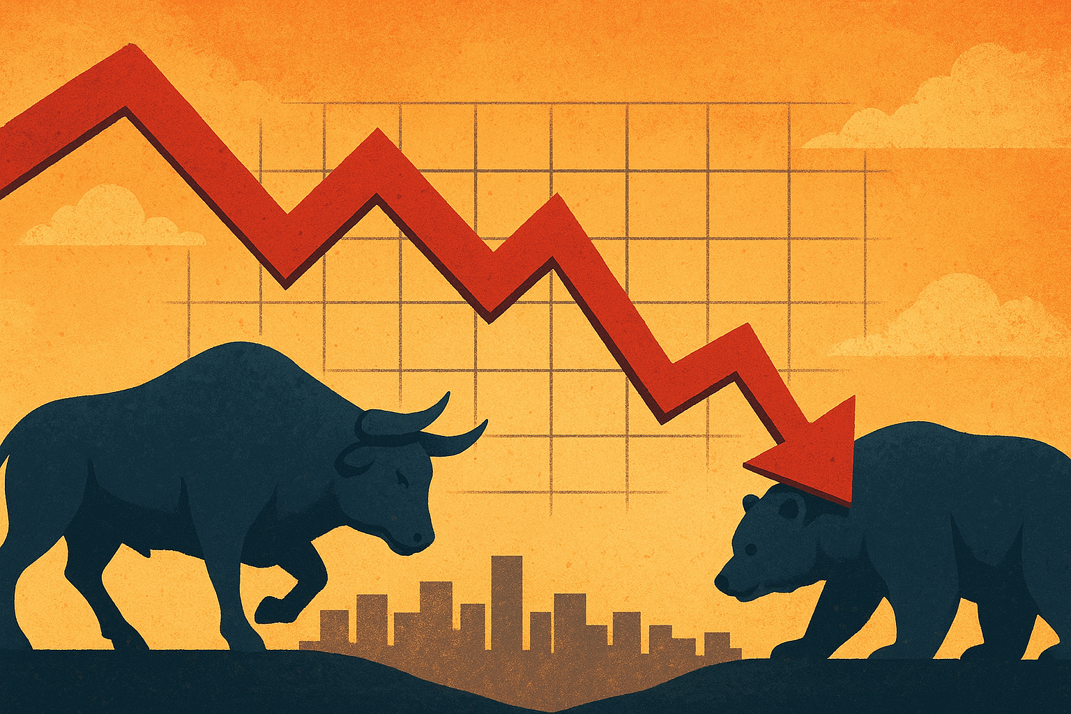 Illustration of a bull and bear facing off beneath a descending red arrow symbolizing a market downturn against a city skyline background.