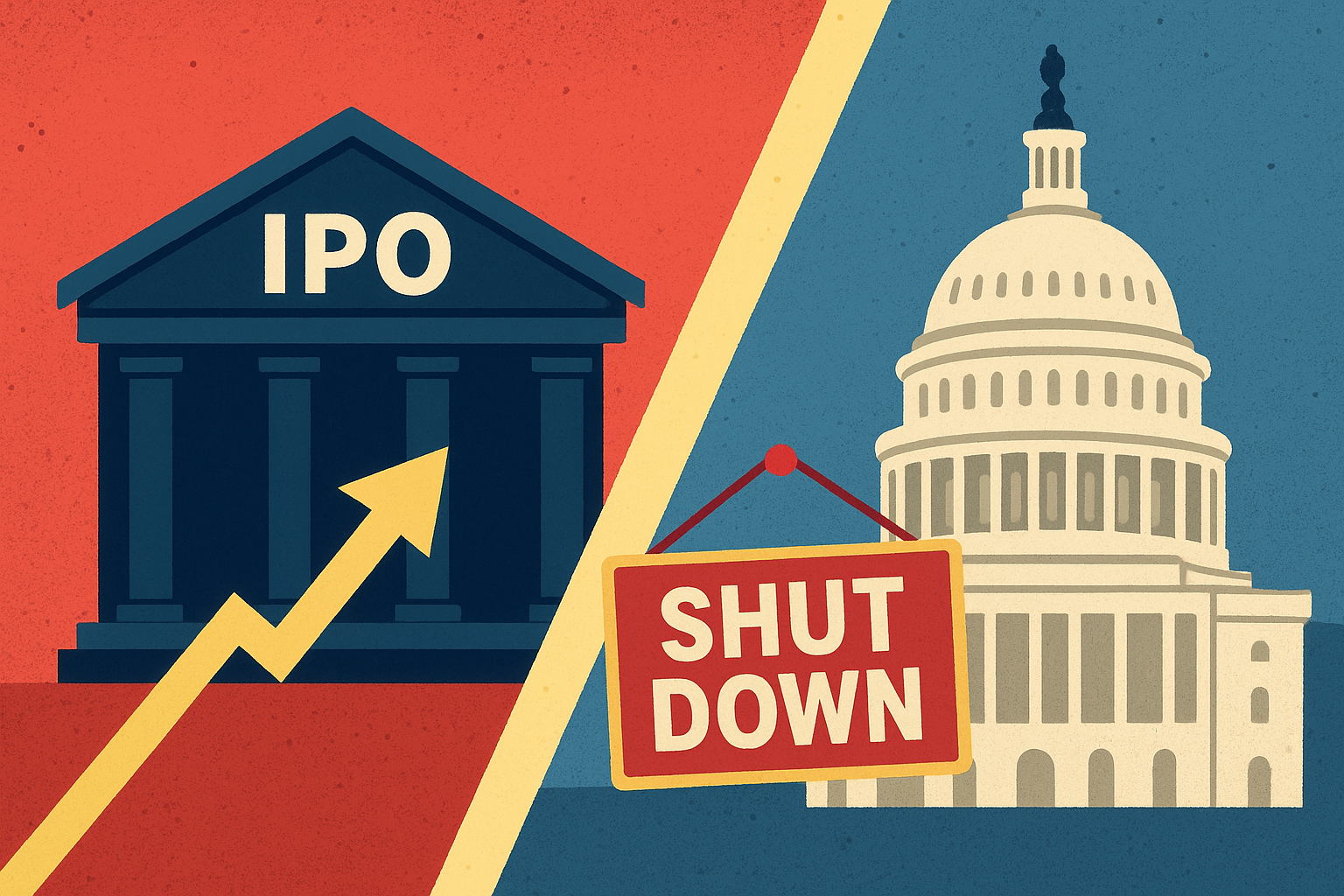 Illustration showing Wall Street’s stock exchange building with an upward arrow beside the U.S. Capitol marked “shut down,” symbolizing the SEC easing IPO rules during a government shutdown.