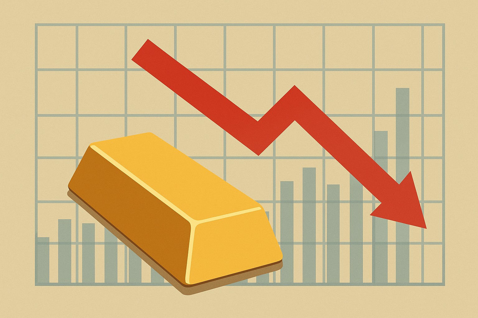 Digital illustration showing gold bars and a descending chart line symbolizing a sharp decline in gold and mining stocks.