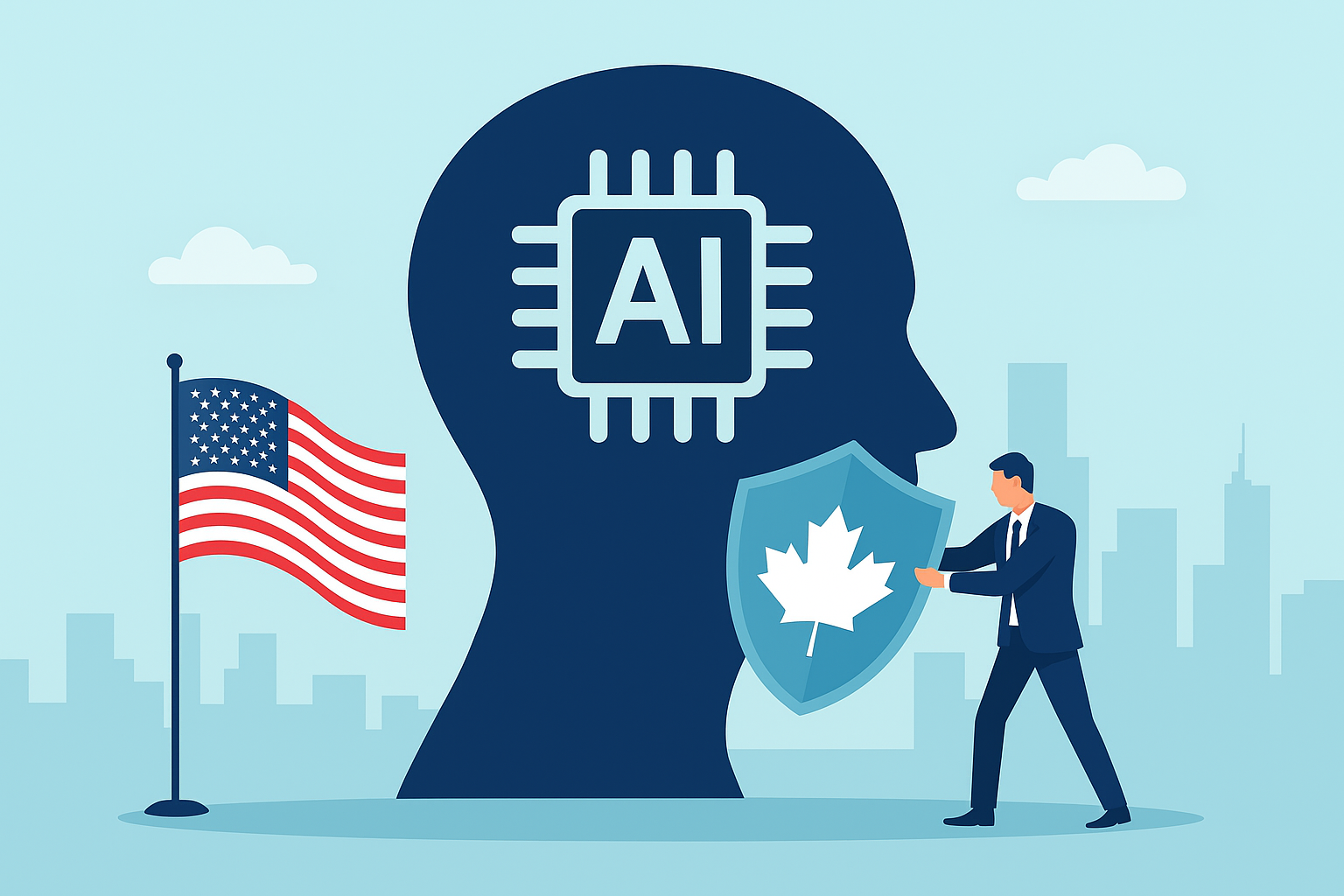 Symbolic illustration showing Canada’s digital and AI infrastructure balancing autonomy and connectivity amid U.S. trade tensions.