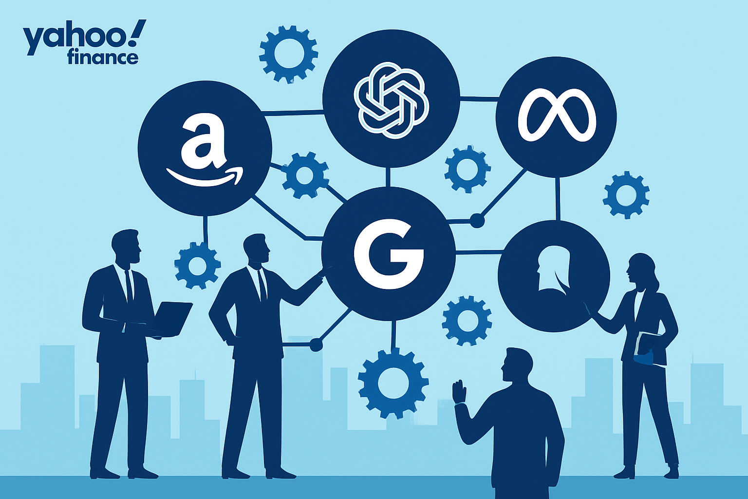 Symbolic illustration showing major tech companies—Google, Amazon, Meta, and OpenAI—connected through gears and network lines, representing AI collaboration and interdependence.
