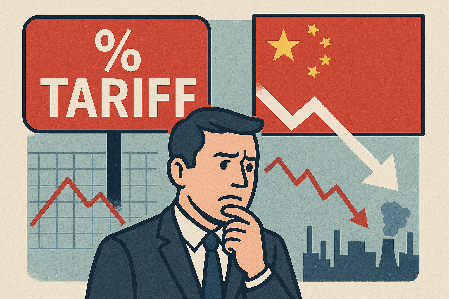 Illustration of a worried businessman standing before tariff and China-related trade symbols, with downward graphs and factory silhouettes in the background.