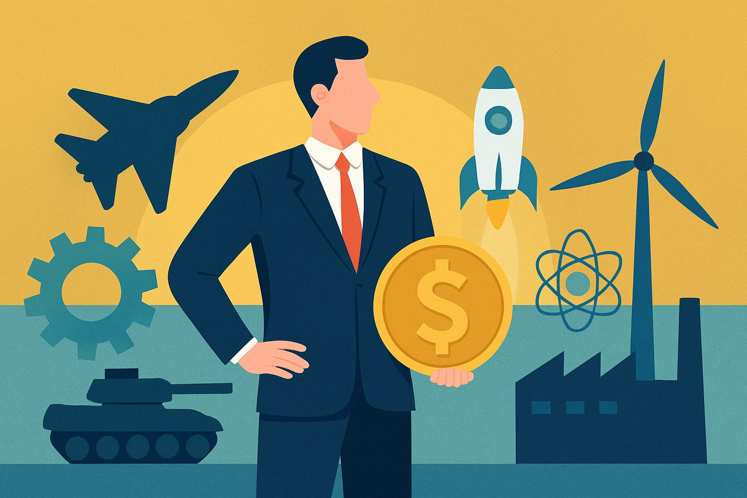 Illustration of a business leader observing industrial and technological sectors interconnected by financial growth symbols.