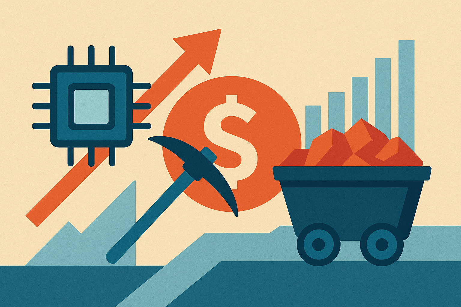 Illustration showing a computer chip, rising arrow, dollar sign, pickaxe, and mining cart symbolizing growth in technology and rare earth mining sectors.
