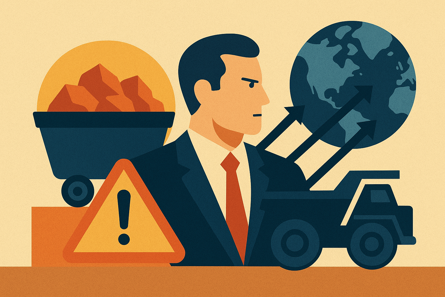 Stylized illustration showing a large mining operation disrupted by fractured global trade routes and geopolitical tension lines.