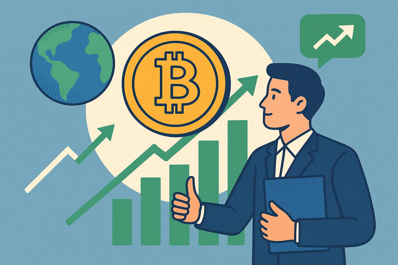 Illustration of an investor analyzing Bitcoin growth with upward financial charts and a globe in the background.