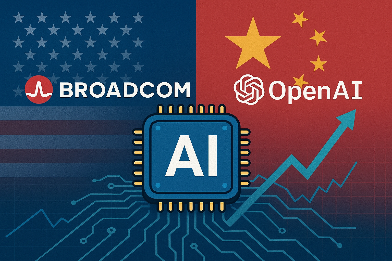 Illustration showing an AI chip at the center, flanked by Broadcom and OpenAI logos, with U.S. and China flags in the background and an upward stock chart symbolizing market optimism.