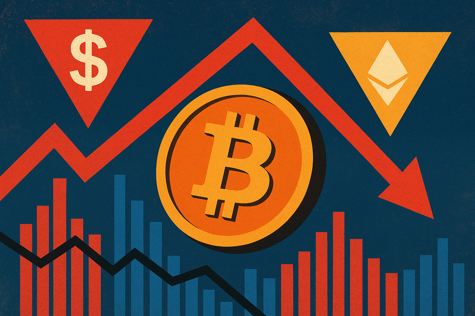 Illustration showing a large Bitcoin coin falling alongside a red downward arrow and financial charts, with Ethereum and dollar symbols highlighting a cryptocurrency market crash.