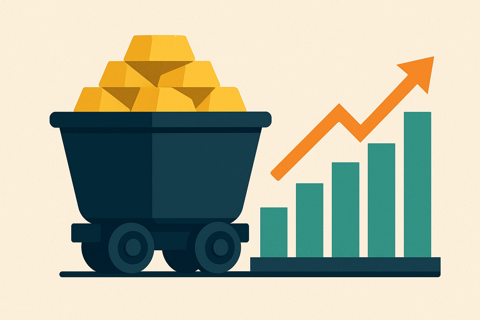 Illustration of a cart filled with gold bars beside an upward-trending bar chart and orange arrow, symbolizing rising gold prices and investor optimism.