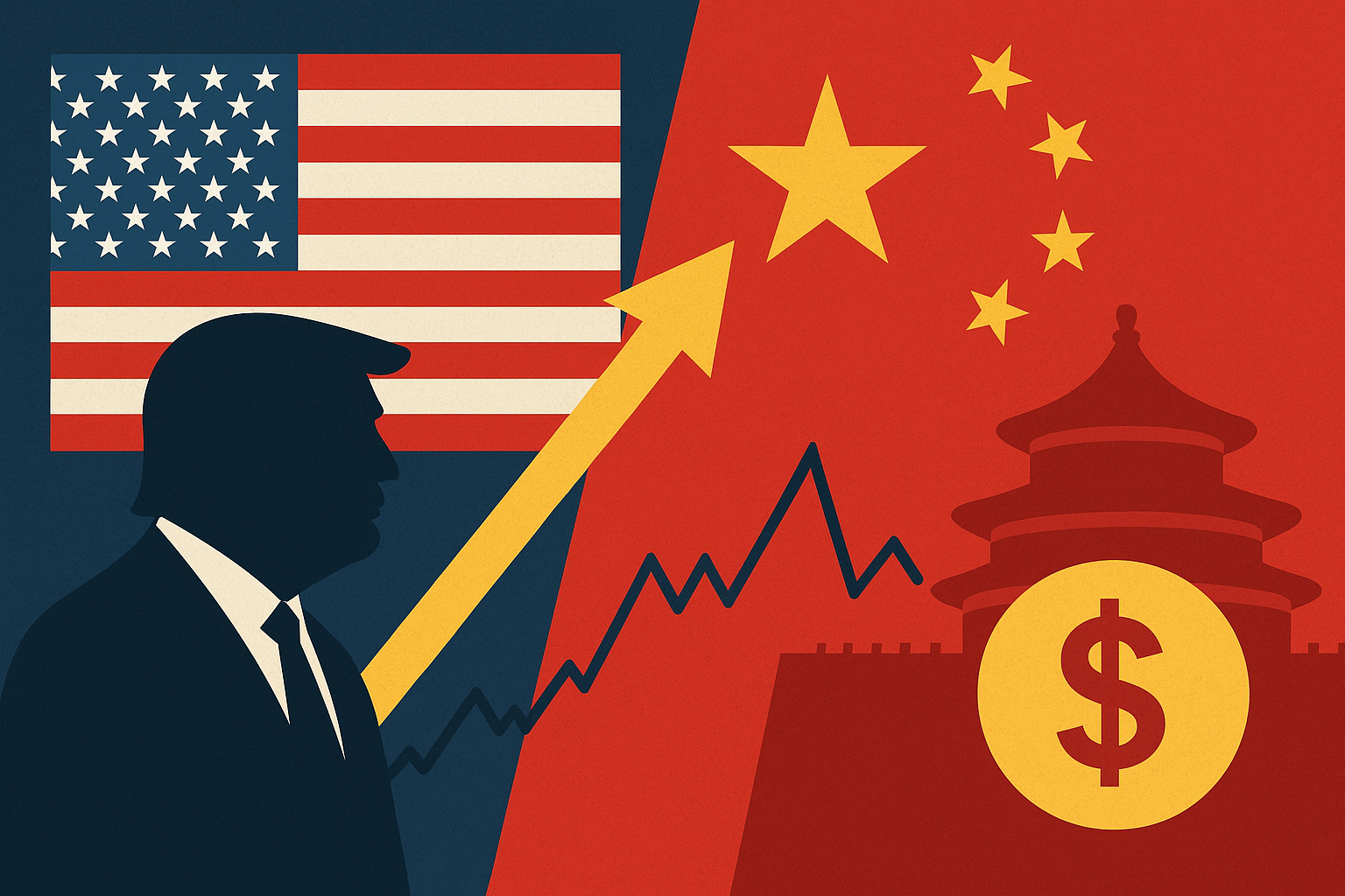 Symbolic illustration showing the U.S. and China flags connected by digital trade routes amid a global market backdrop.