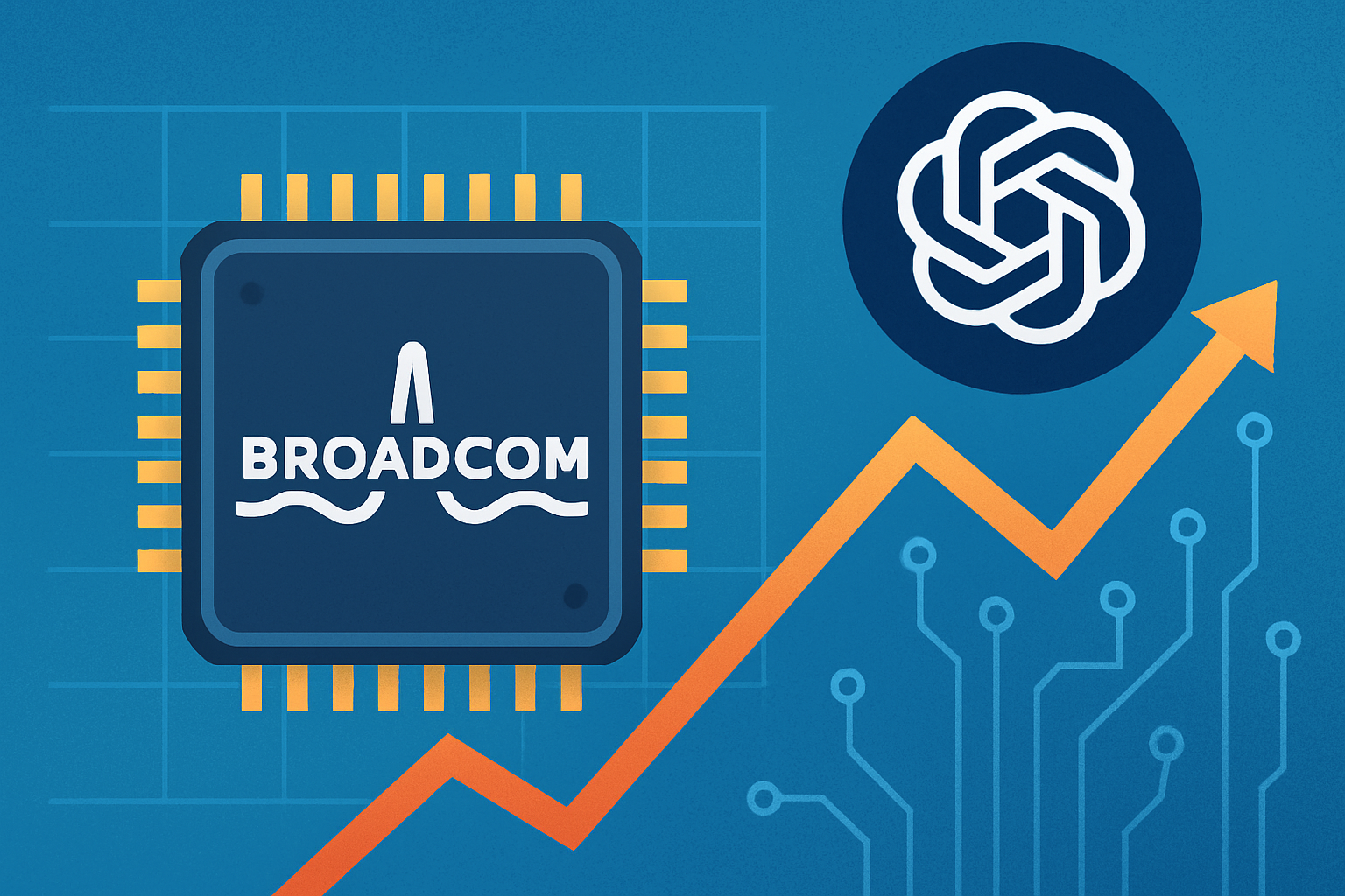 Illustration of a Broadcom microchip and OpenAI logo connected by an upward orange graph line on a blue circuit board background, representing AI infrastructure expansion.