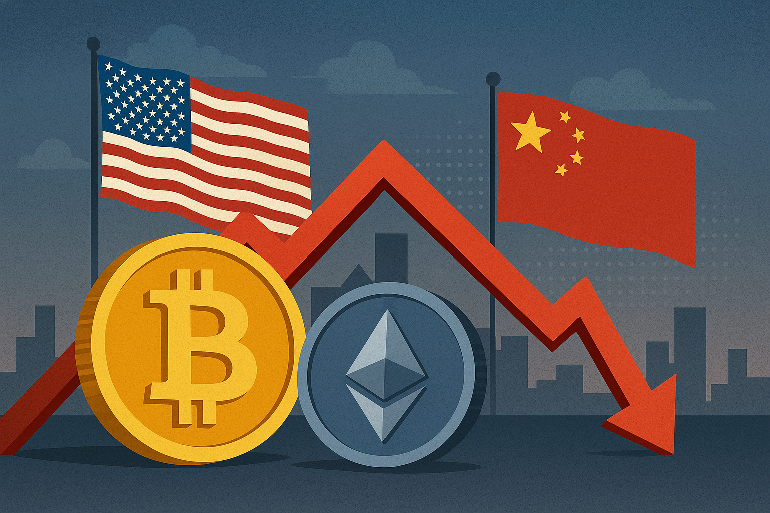 A digital illustration showing Bitcoin and Ethereum symbols sinking amid a stormy global market backdrop with U.S. and China trade imagery.