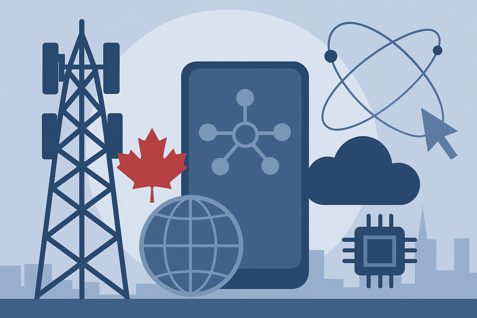 A modern illustration showing telecom towers, a smartphone, a microchip, a cloud, and a red maple leaf symbolizing Canada’s investment in next-generation network technologies.