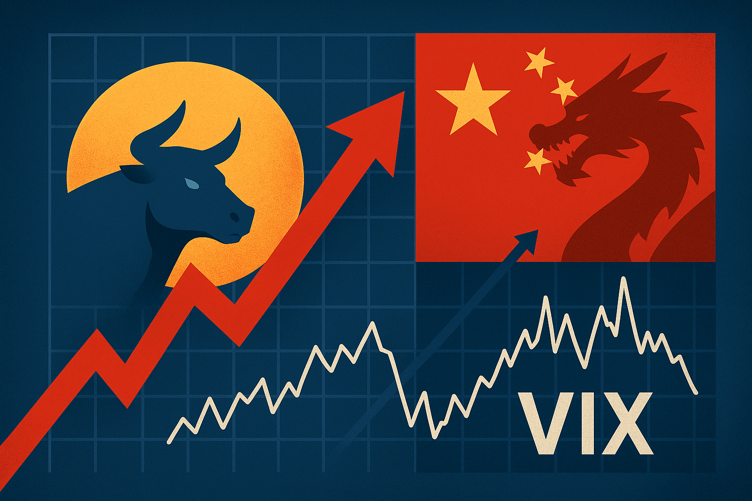 Illustration of a financial market scene featuring a bullish U.S. market symbolized by a blue bull, a Chinese red dragon, and rising volatility charts representing the VIX index.
