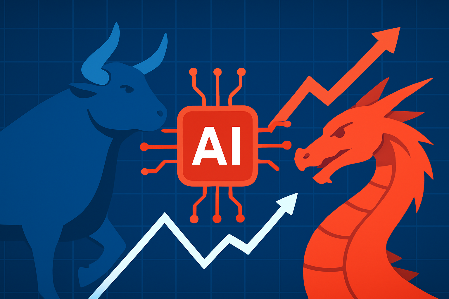 A stylized digital illustration showing a blue bull and a red dragon facing a central red AI chip with upward arrows and a rising line graph, symbolizing the tension and growth in AI-driven markets.