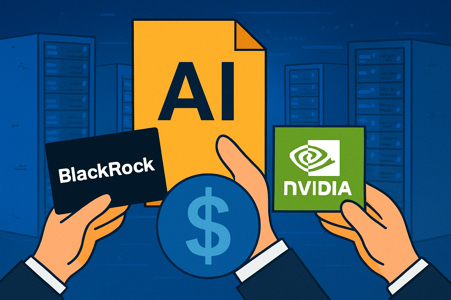 Illustration showing hands holding cards labeled BlackRock and NVIDIA with a large AI document and a dollar symbol in the center, representing major investments in artificial intelligence.