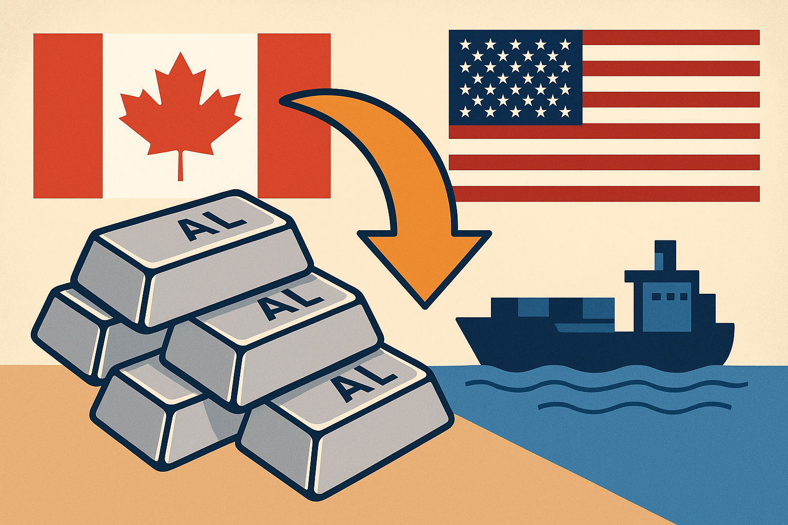 Illustration showing aluminium ingots labeled “AL” being shipped from Canada to the United States, symbolized by national flags and a cargo vessel.
