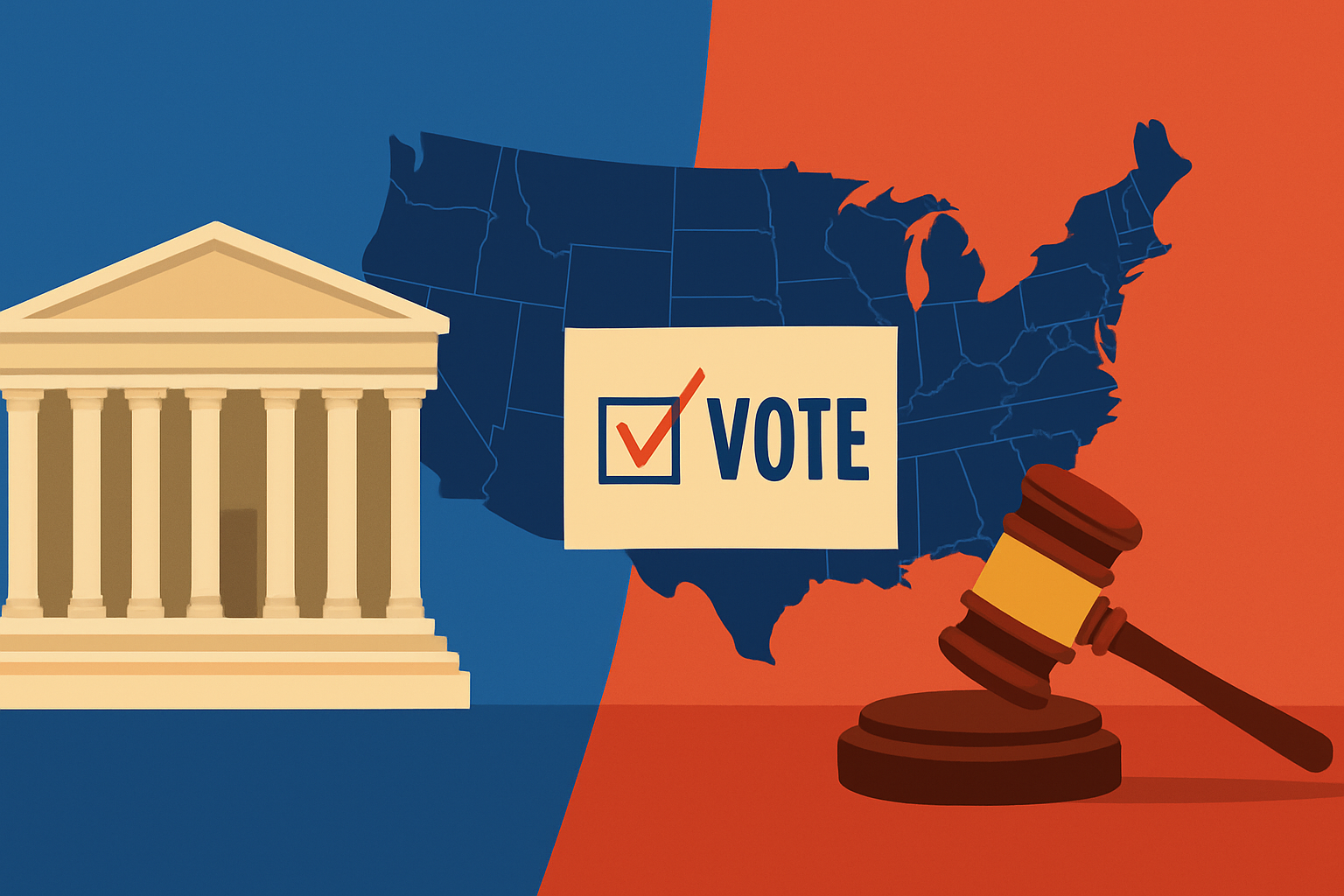 Illustration of the U.S. Supreme Court building, a map of the United States, a voting ballot with a check mark, and a judge’s gavel symbolizing legal and political decisions.