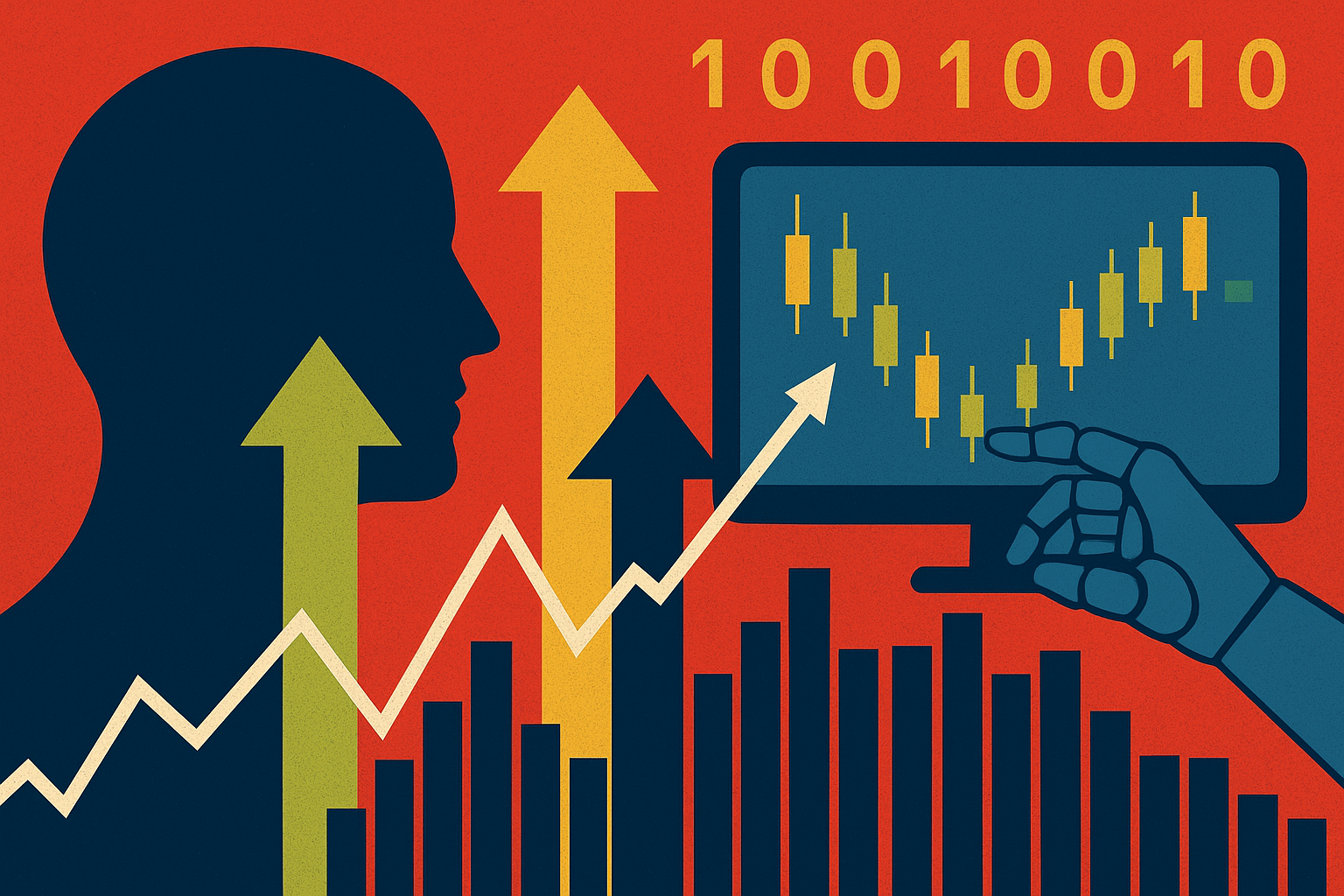 Abstract illustration of AI algorithms visualized as glowing data streams flowing across a digital representation of Wall Street trading systems.