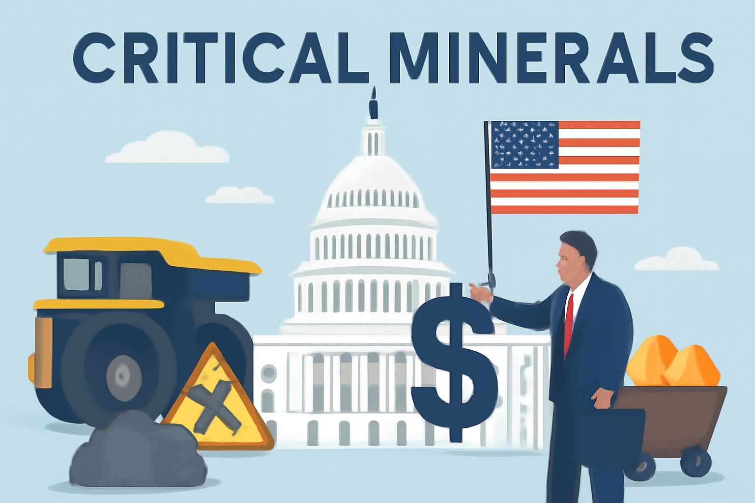 A digital illustration depicting the Capitol Building, a mining truck, and a businessman holding a dollar sign while extending it toward the Capitol. A U.S. flag waves in the background.