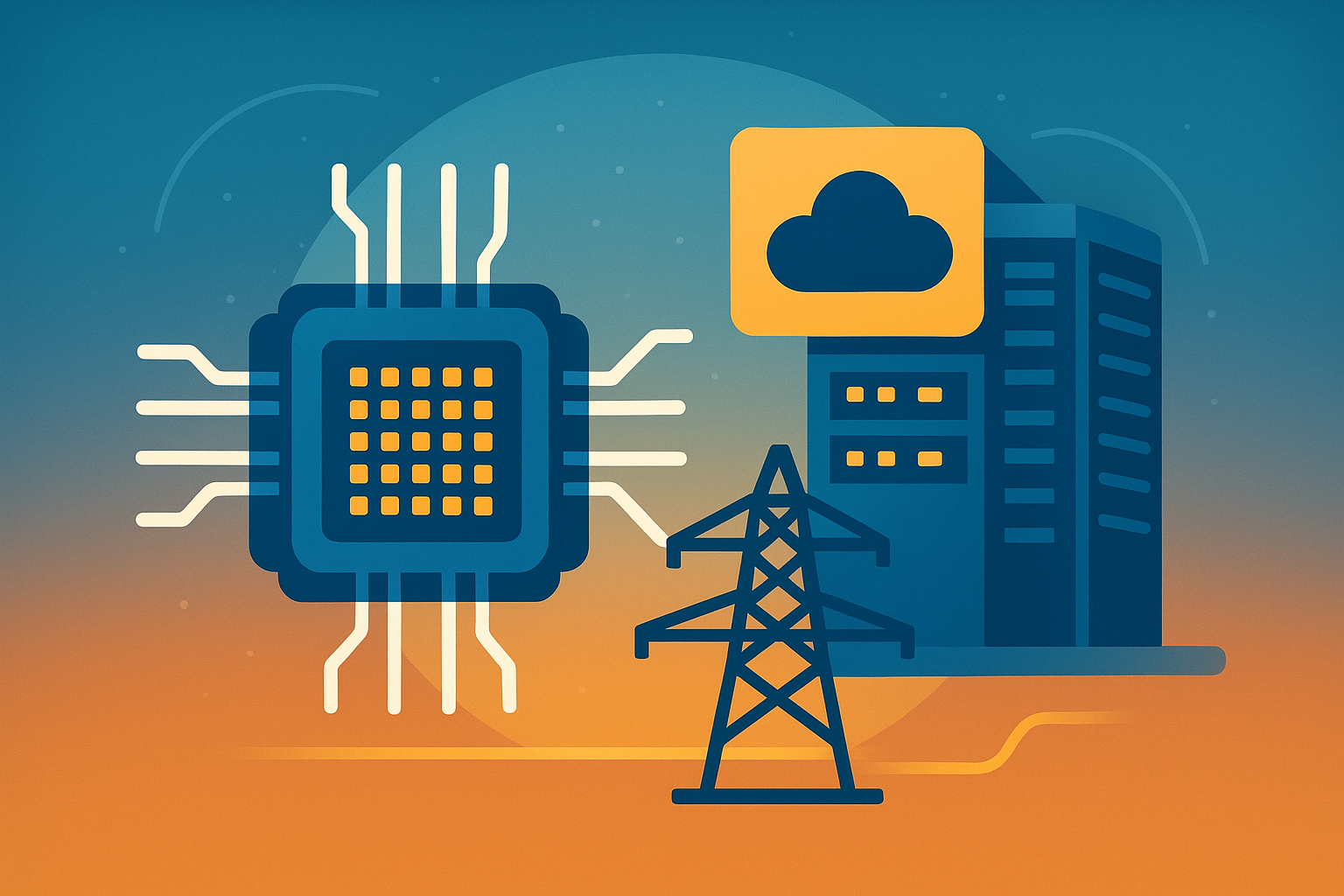 Illustration showing a semiconductor chip, data center, and power grid tower symbolizing the AI infrastructure ecosystem.
