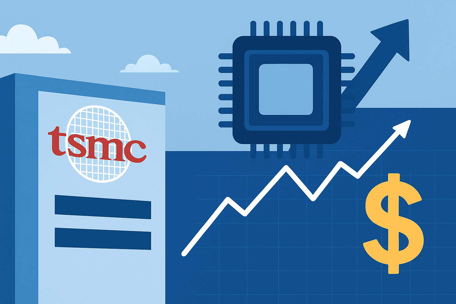 Illustration showing TSMC’s semiconductor building, a rising stock chart, a microchip, and a dollar symbol representing market growth.