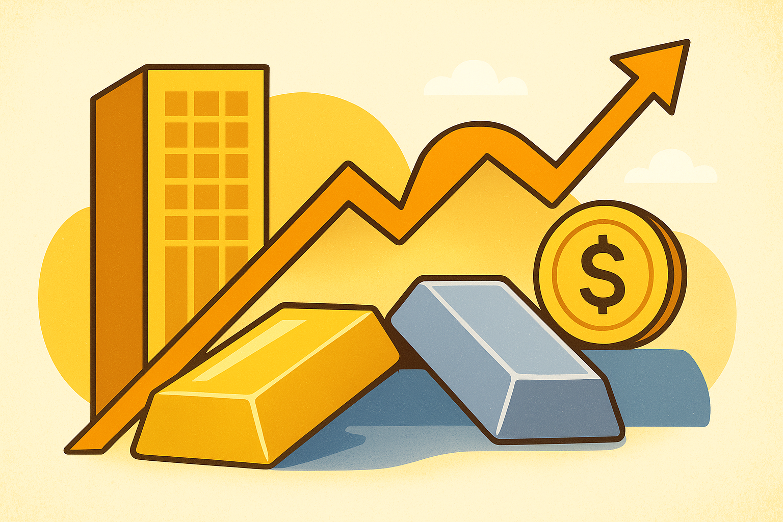 Digital illustration of gleaming gold bars and silver coins rising against a dark, stormy financial backdrop.