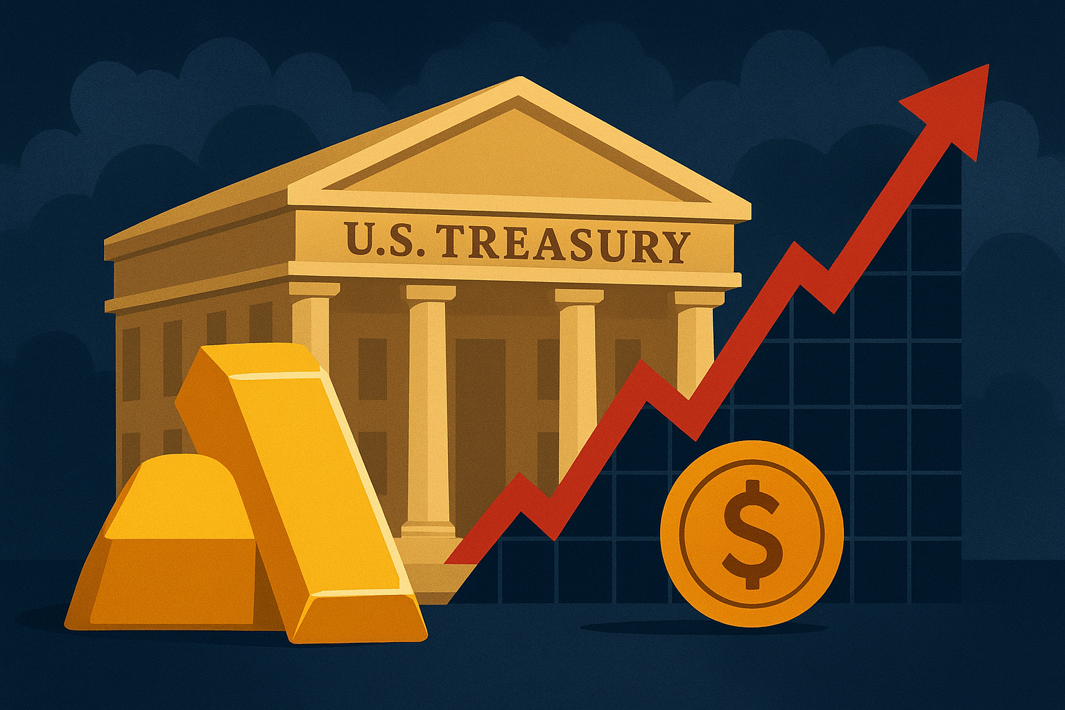 Digital illustration of the U.S. Treasury building with gold bars, a dollar coin, and an upward stock chart symbolizing government investment in key sectors.