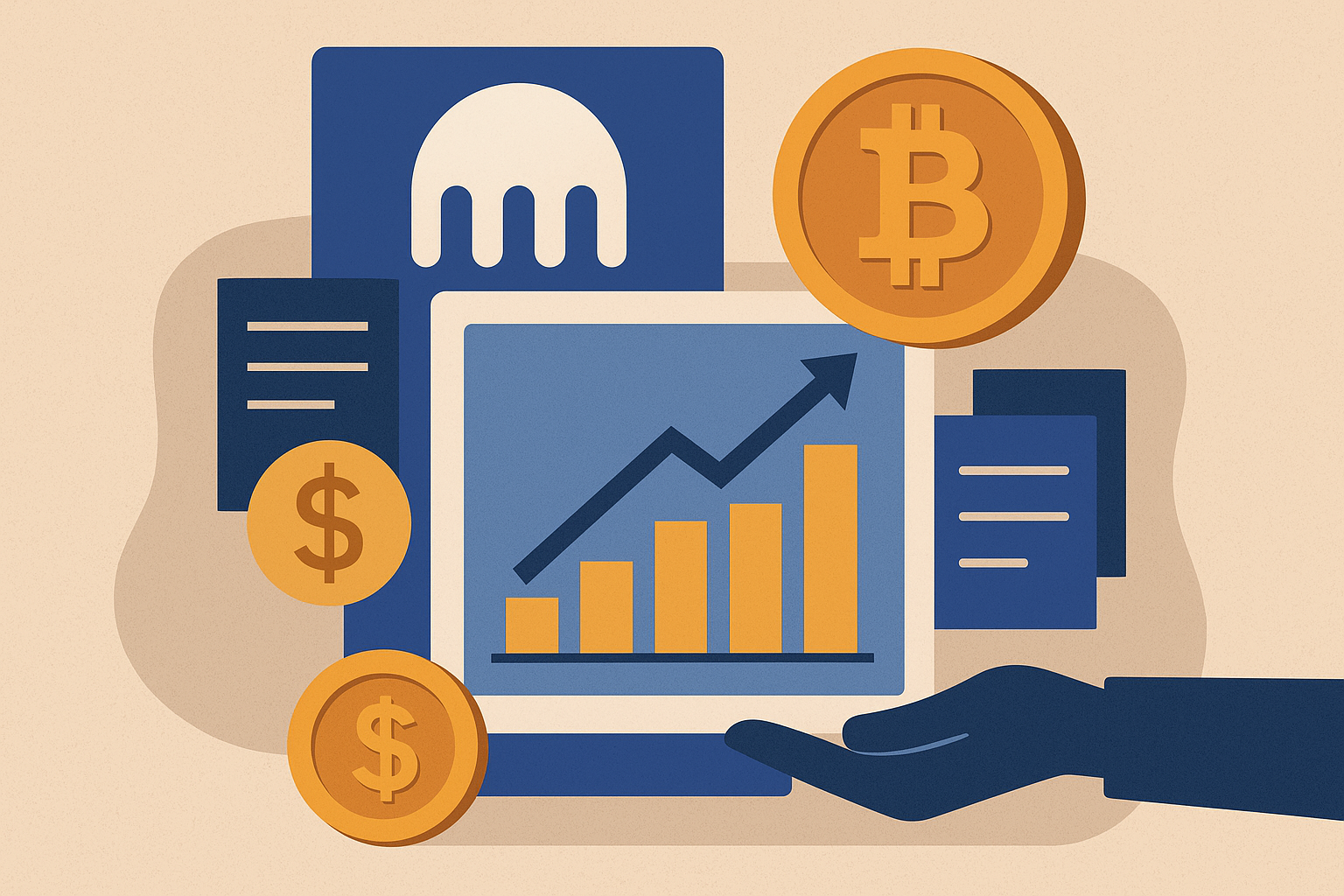 Symbolic illustration of Kraken’s expansion into regulated crypto derivatives, showing the Kraken logo, Bitcoin coin, dollar signs, and an upward-trending chart.