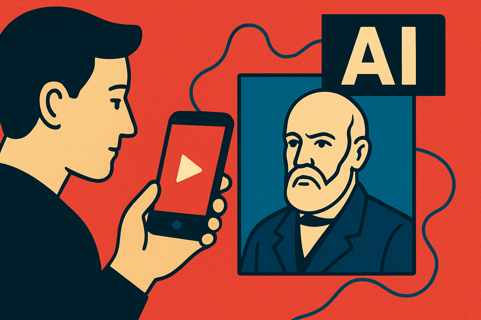 Conceptual illustration of artificial intelligence generating lifelike video content with a digital human figure emerging from a screen.