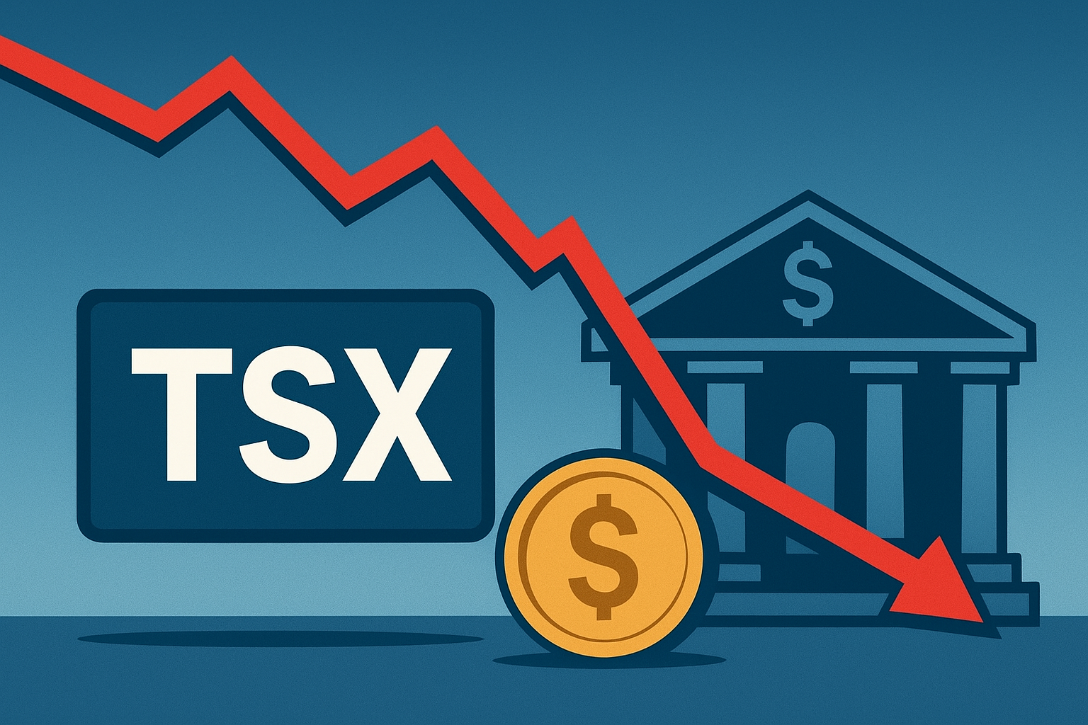 Illustration showing a red downward trend line over a TSX sign, gold coin, and bank building, symbolizing market decline.