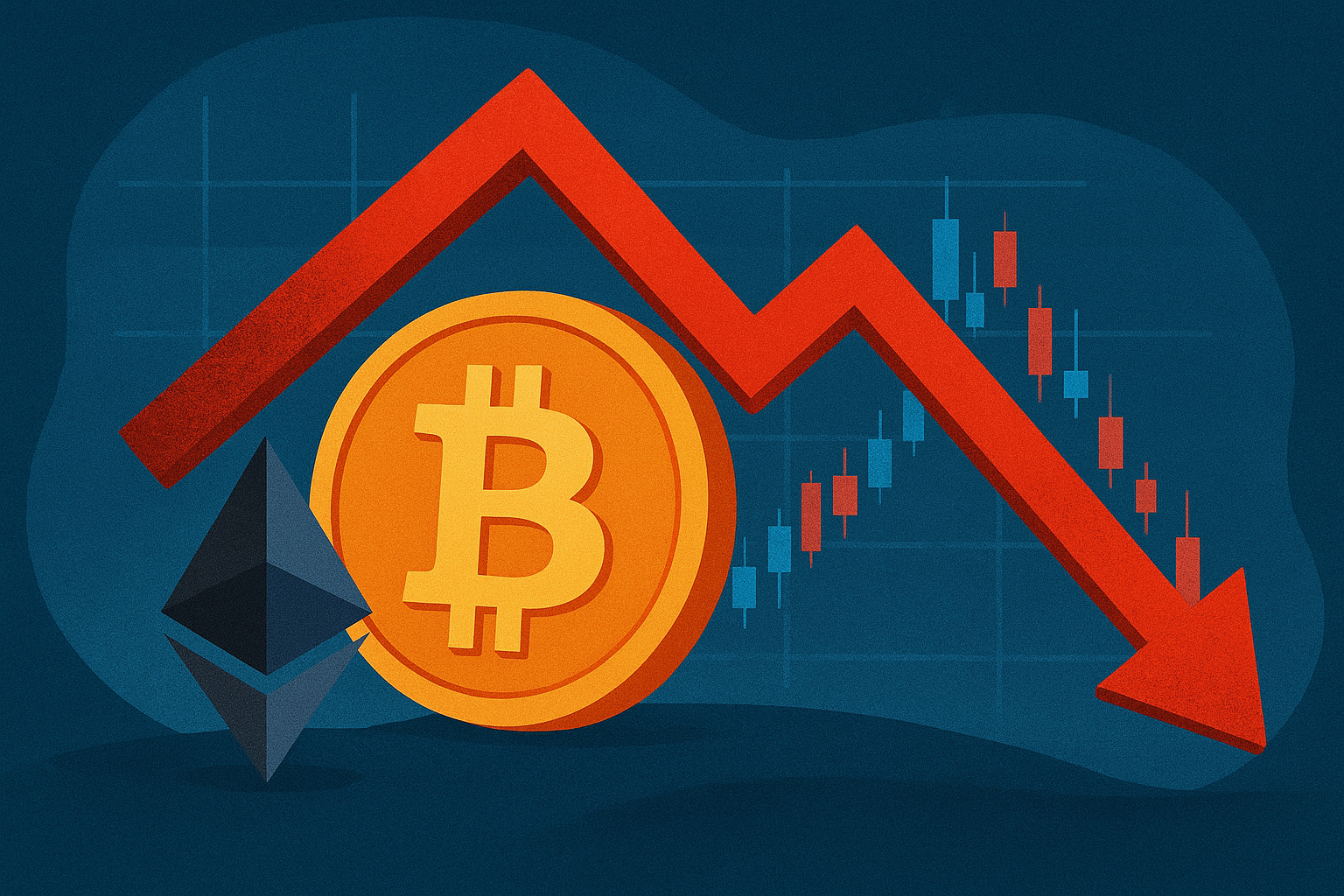 Illustration showing Bitcoin and Ethereum symbols with a red downward arrow and declining candlestick chart representing a crypto market drop.