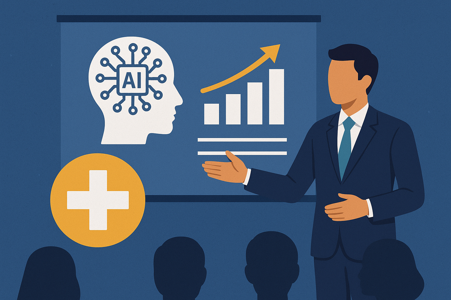 Illustration of a professional presenter discussing AI-driven healthcare technology, with a projection showing an AI head icon, growth chart, and medical cross symbol.