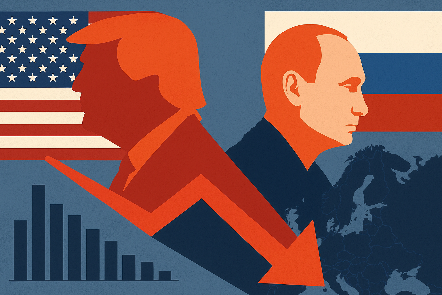 Illustration showing silhouettes of Donald Trump and Vladimir Putin facing opposite directions, with U.S. and Russian flags behind them and a red downward arrow crossing a map of Europe, symbolizing falling defense stocks.