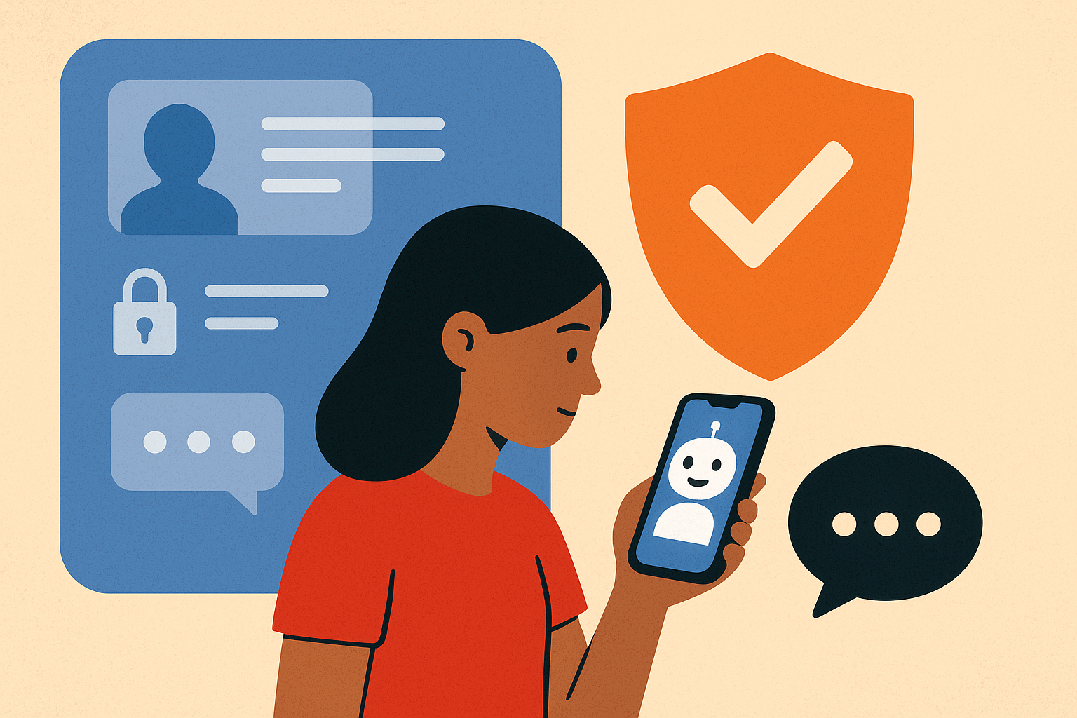 Illustration of a teenage girl holding a smartphone with a chatbot on screen, surrounded by digital icons representing privacy, parental control, and safety shields.