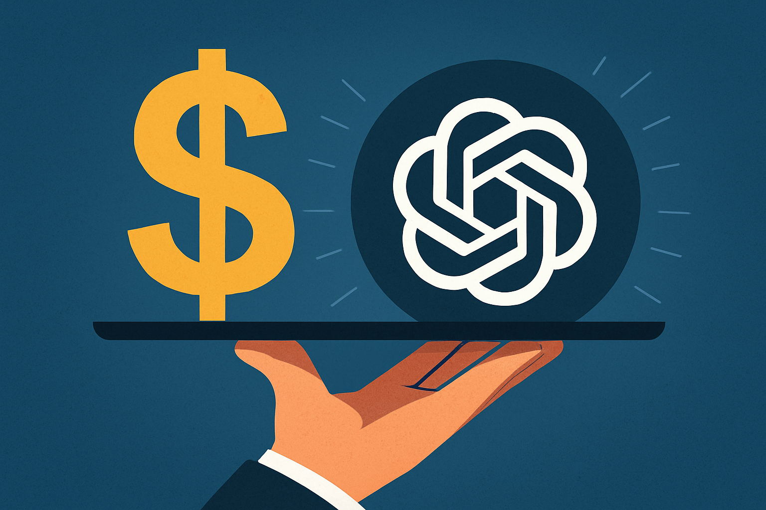 Illustration of a golden dollar sign and OpenAI logo placed on a tray held by a hand, representing OpenAI’s soaring $500 billion valuation.