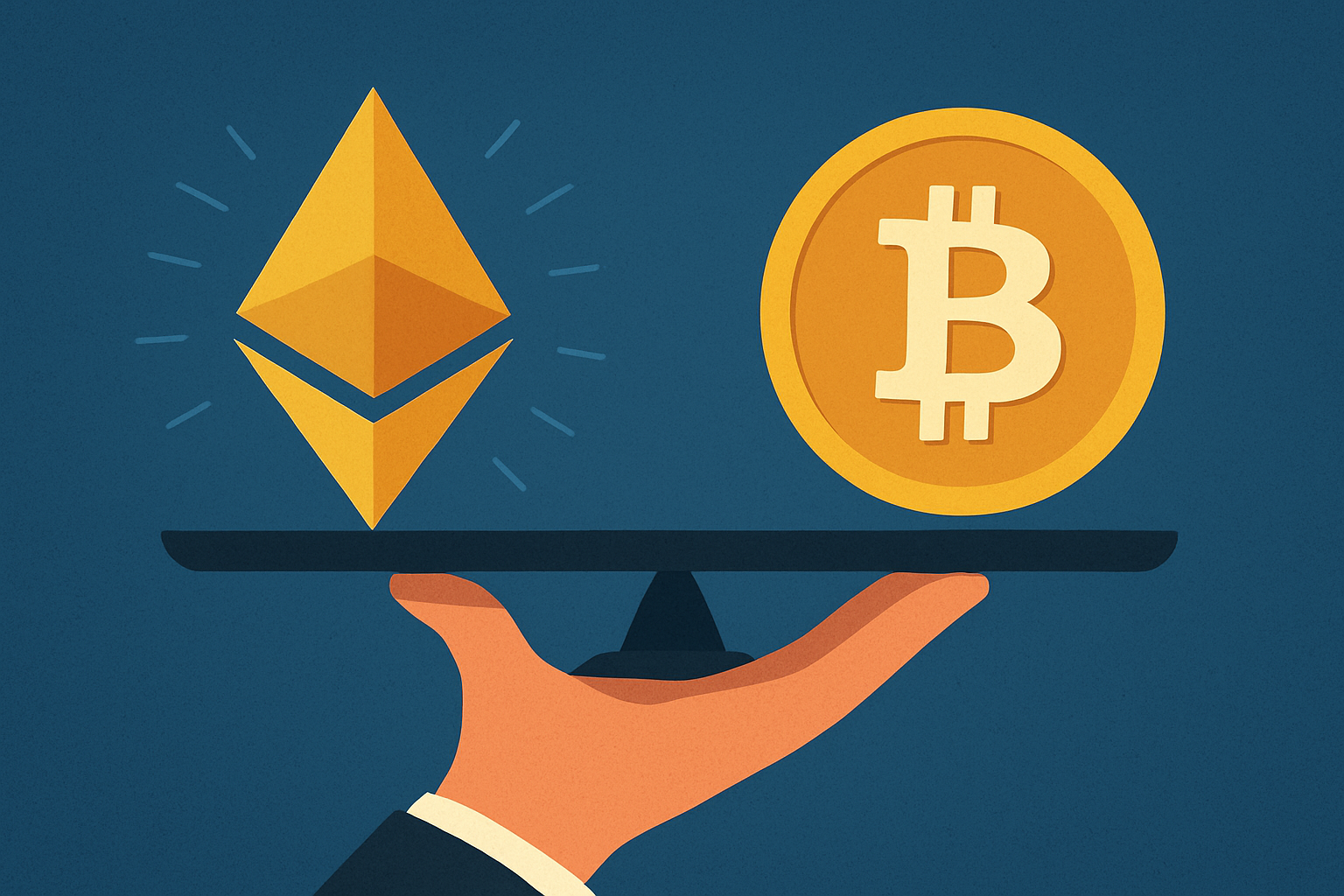 Symbolic digital illustration showing Ethereum gaining momentum while Bitcoin steadies, representing shifting investor flows in the crypto market.