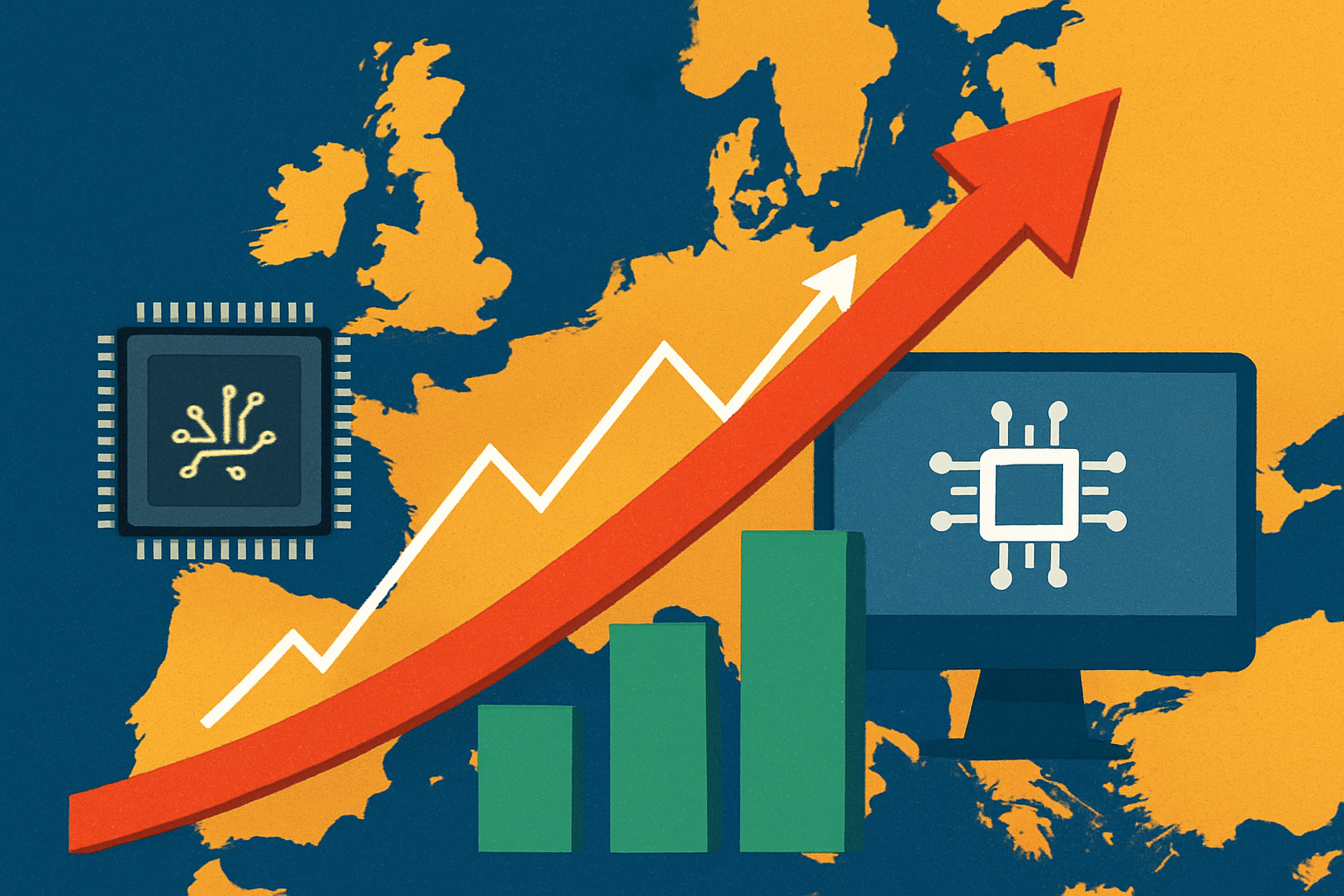 Illustrated map of Europe with a rising red arrow, semiconductor chip icons, and bar graphs symbolizing stock market gains driven by technology.