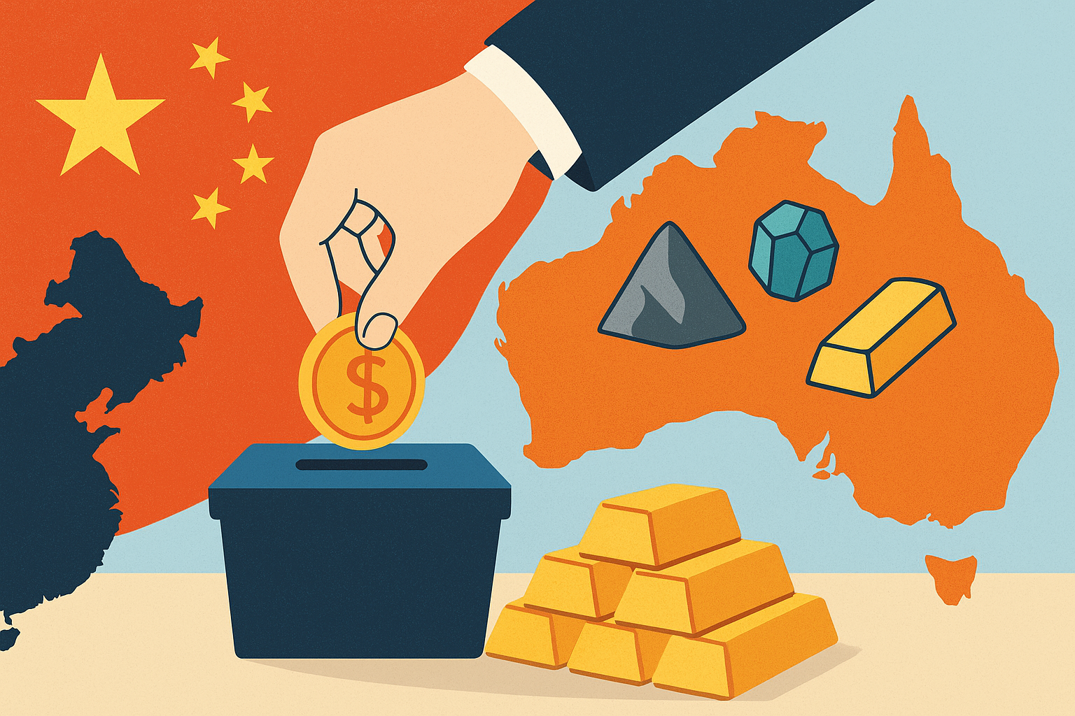 Illustration of a hand placing a coin into an investment box with Australia highlighted by mineral icons and China in the background, symbolizing U.S. investment in Australian critical minerals to reduce reliance on China.