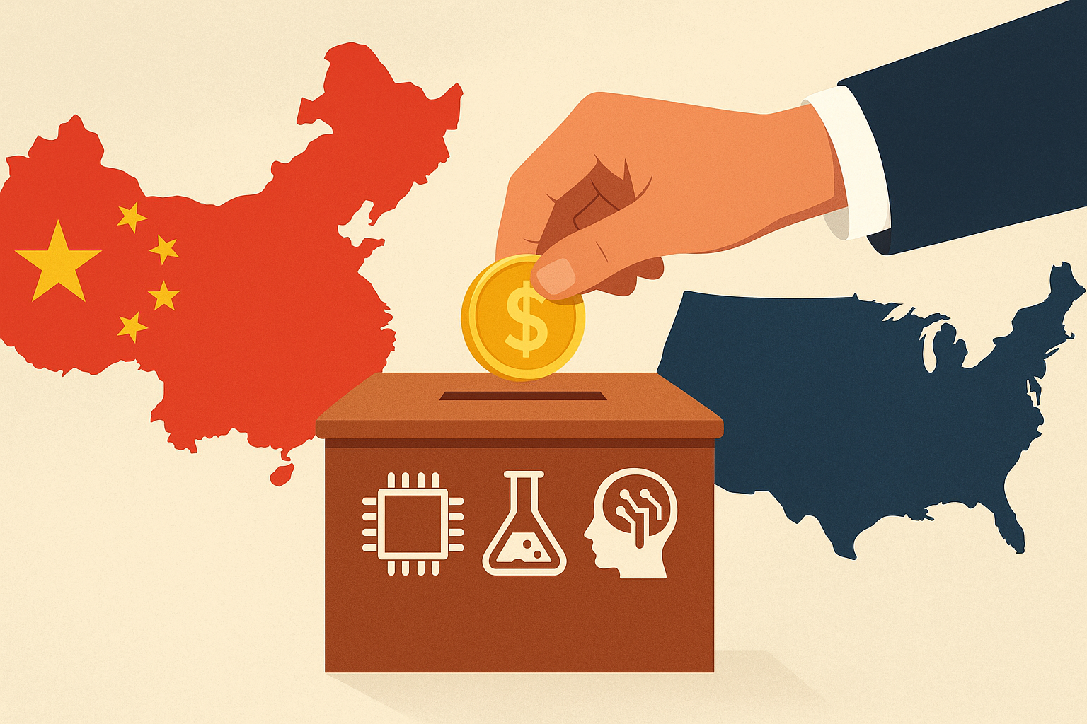 Illustration of scales balancing industrial sectors like semiconductors, AI, pharmaceuticals, and critical minerals against political symbols, representing U.S. policy-driven deal-making before elections.