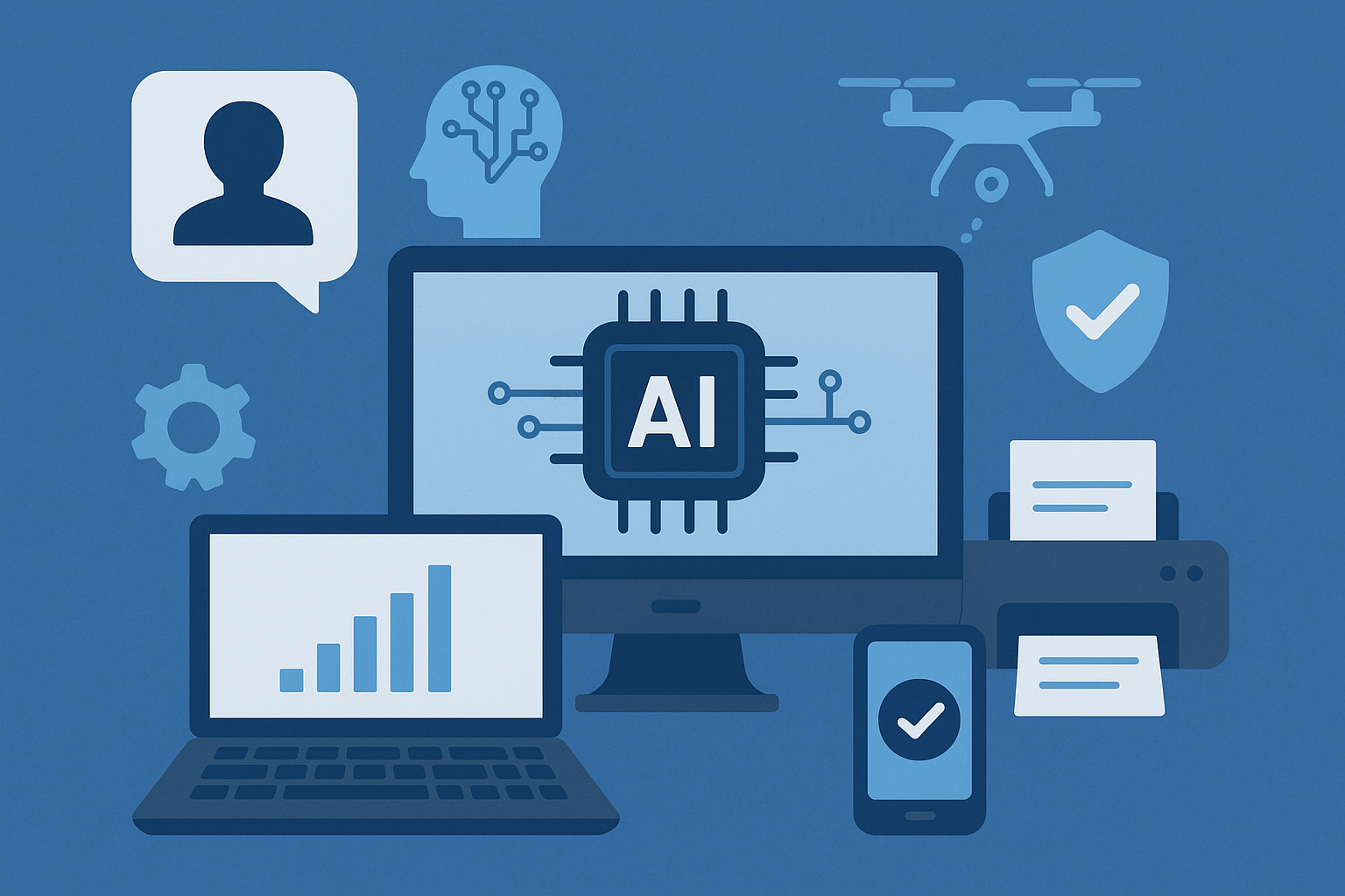 Illustration of AI-integrated workplace technology including a computer monitor with an AI chip, a laptop with analytics, a secure printer, and a smartphone, symbolizing HP’s AI-driven innovations for hybrid work.