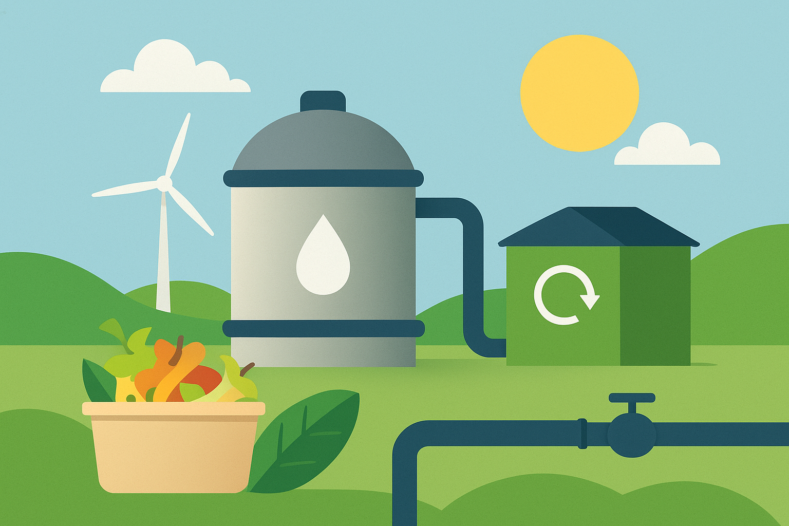 Illustrated renewable energy scene showing a biogas tank, recycling facility, wind turbine, and basket of food waste symbolizing the conversion of organic waste into renewable natural gas.