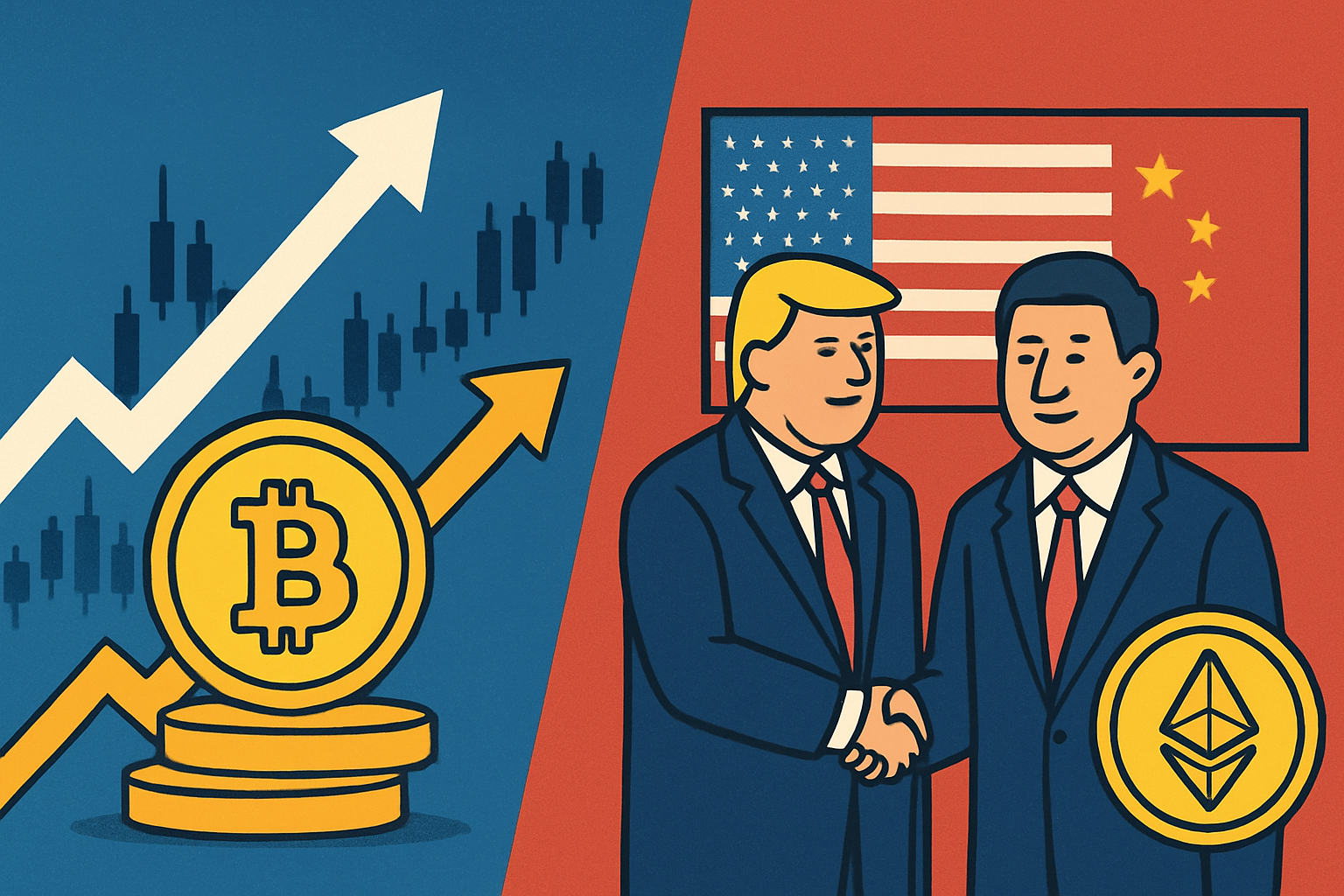 Illustration showing Donald Trump and Xi Jinping shaking hands with U.S. and China flags behind them, alongside Bitcoin and Ethereum coins rising in value on a financial chart background.