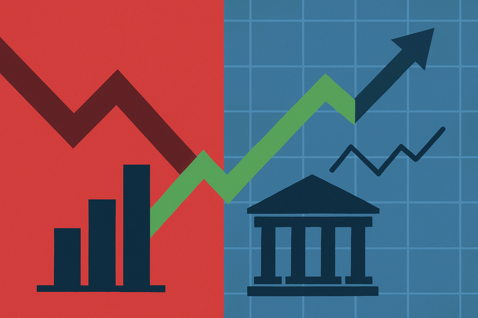 Symbolic digital illustration of stock market volatility showing a mix of upward and downward arrows over a stylized Wall Street backdrop.