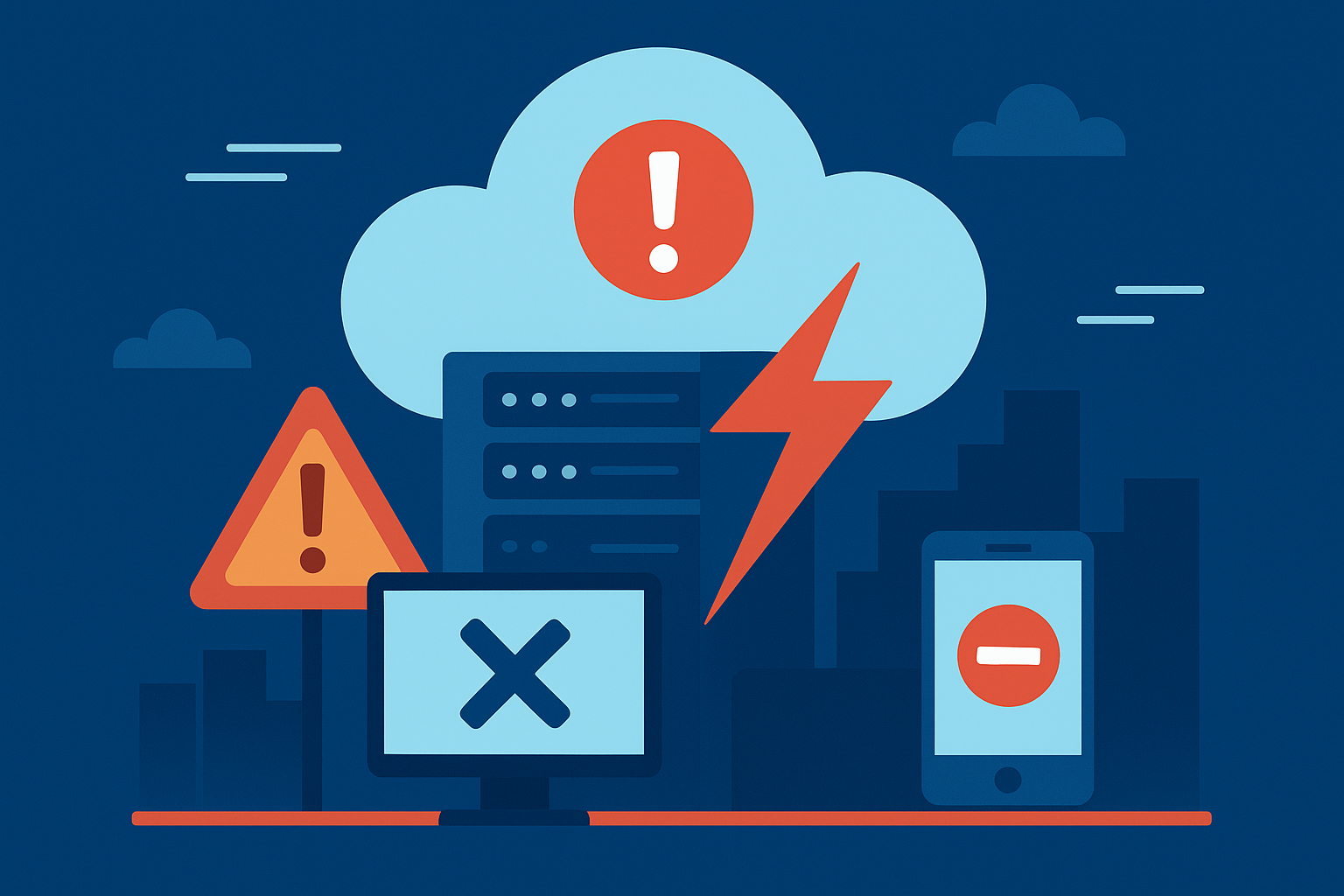 Illustration of a cloud with an exclamation mark, computer monitor, and smartphone showing error symbols to represent a major cloud service outage.