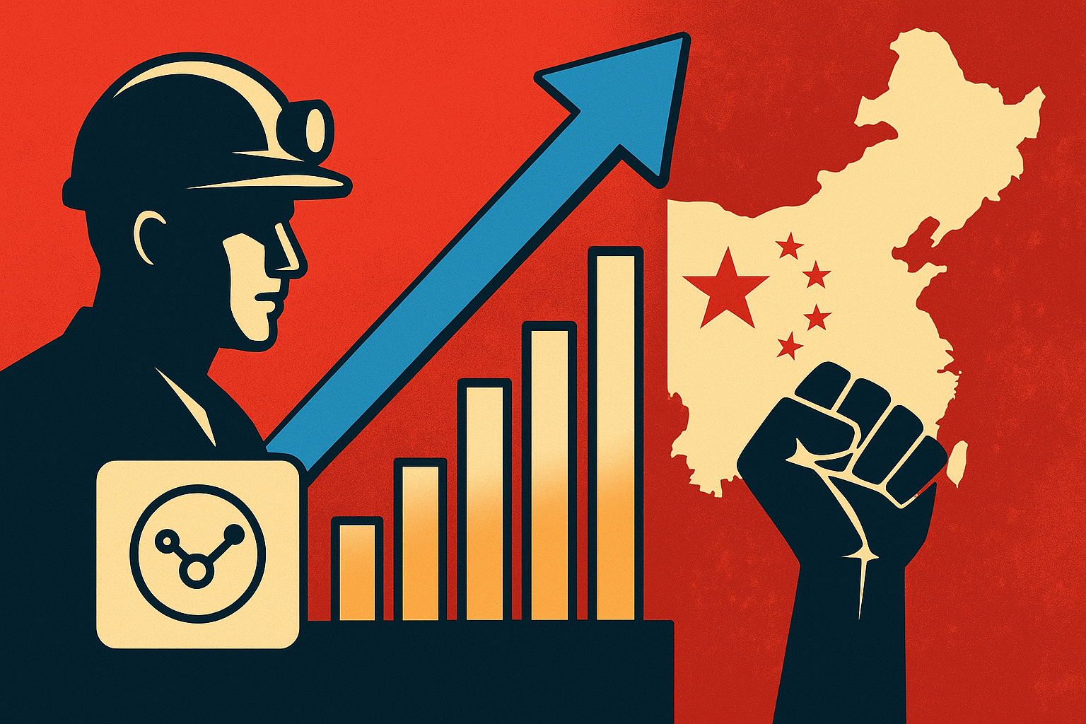 Illustration showing a miner, rising bar chart, and China map symbolizing rare-earth competition and global supply chain tensions.