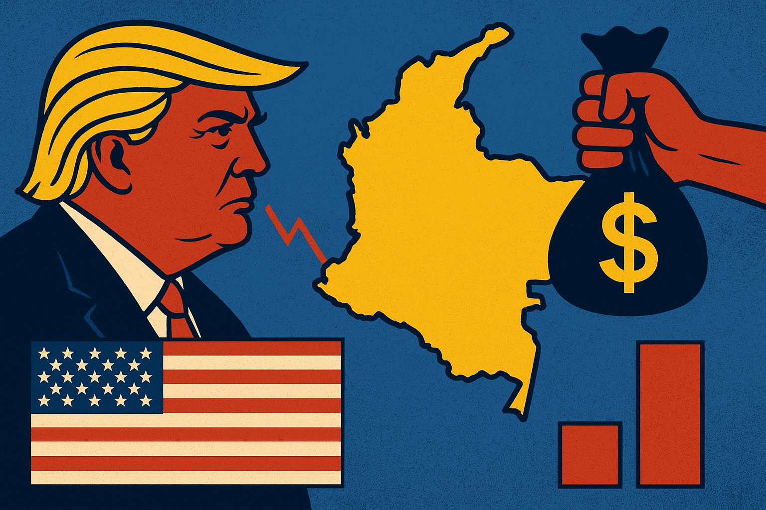 Illustration depicting Donald Trump facing a yellow map of Colombia, symbolizing U.S.–Colombia trade tensions, with a hand holding a dollar-sign money bag and economic bars below.